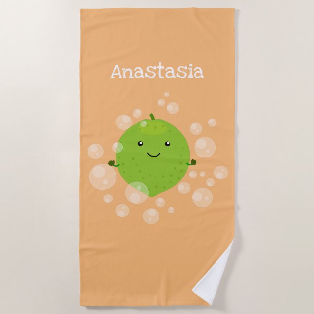 Cute green lime bubbles cartoon illustration beach towel (Front)
