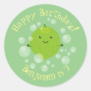 Cute green lime bubbles cartoon illustration classic round sticker
