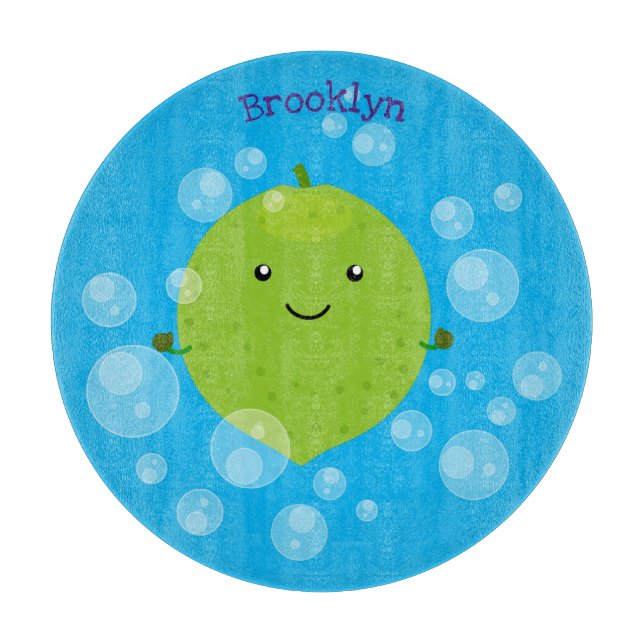 Cute green lime bubbles cartoon illustration cutting board (Front)