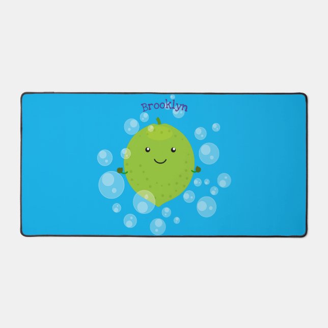 Cute green lime bubbles cartoon illustration desk mat (Front)