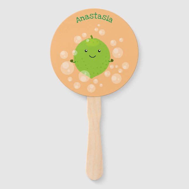 Cute green lime bubbles cartoon illustration hand fan (Front)