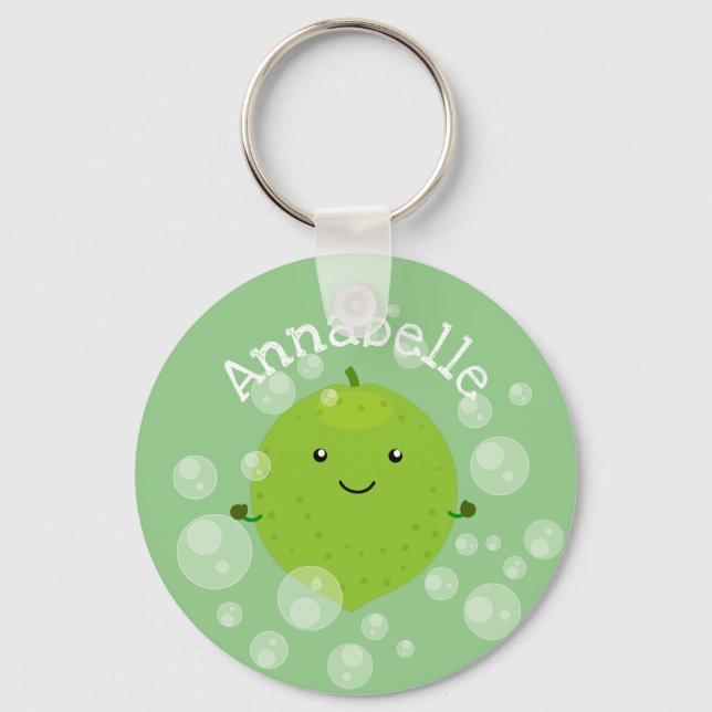 Cute green lime bubbles cartoon illustration key ring (Front)