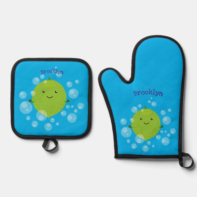 Cute green lime bubbles cartoon illustration oven mitt & pot holder set (Front)