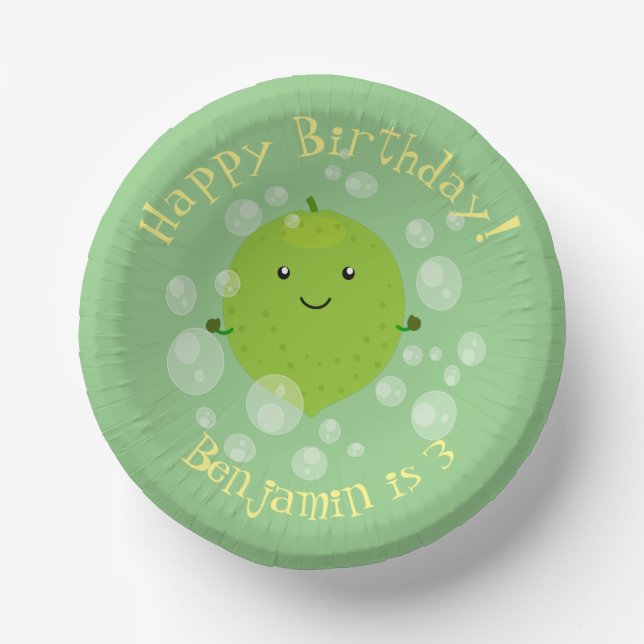 Cute green lime bubbles cartoon illustration paper plate (Front)