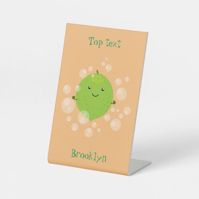 Cute green lime bubbles cartoon illustration pedestal sign (Front)