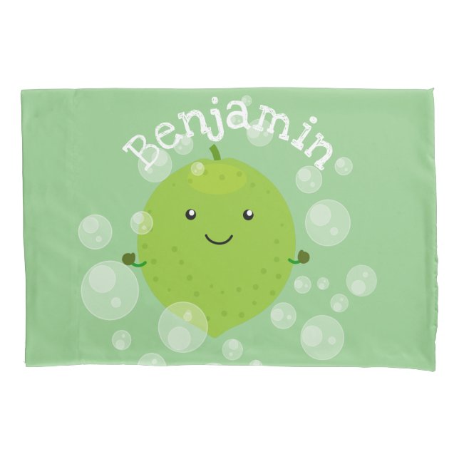Cute green lime bubbles cartoon illustration pillowcase (Front)
