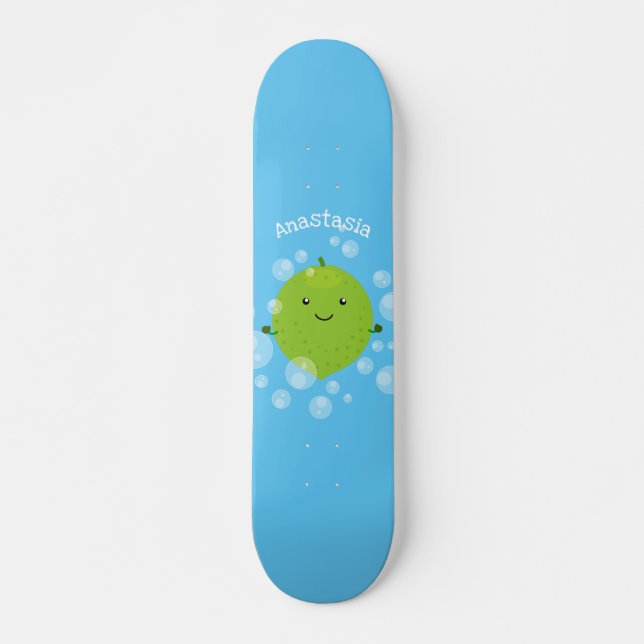 Cute green lime bubbles cartoon illustration skateboard (Front)