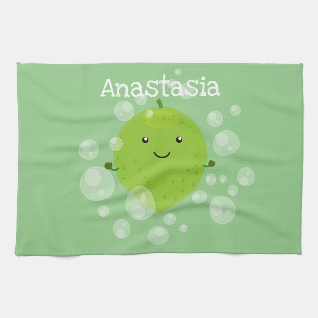 Cute green lime bubbles cartoon illustration tea towel (Horizontal)