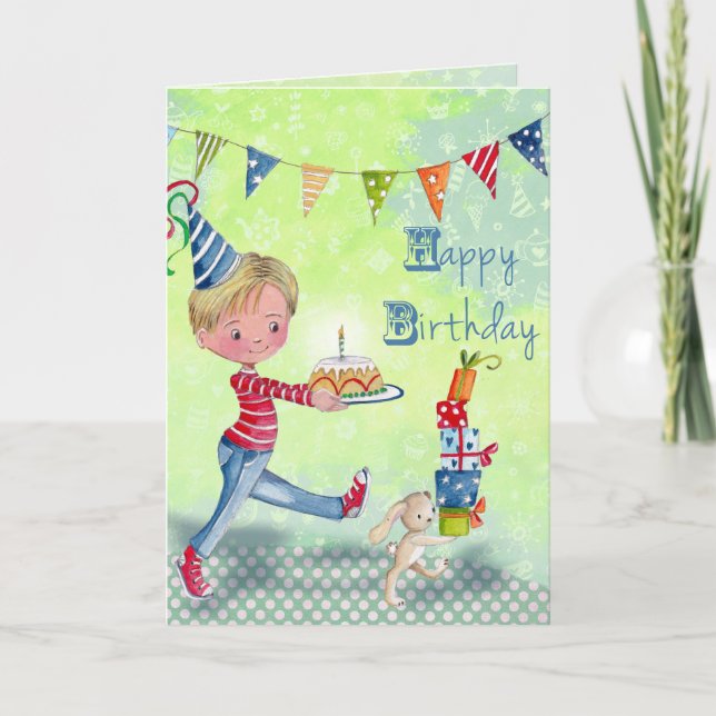 cute green Little Birthday Boy Illustration Card (Front)