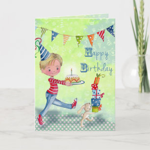 cute green Little Birthday Boy Illustration Card