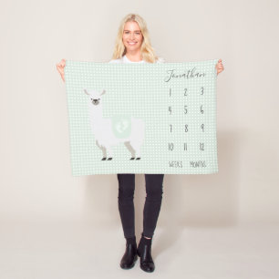 Cute Green Llama Polka Dot Baby Milestone Fleece Blanket