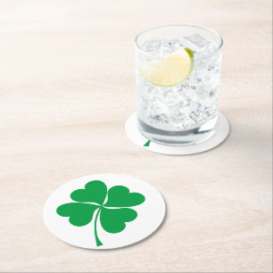 Cute Green Lucky 4 leaves heart Clover shamrock Round Paper Coaster