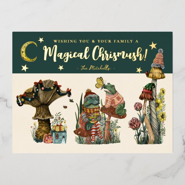 Cute Green Magical Mushroom Merry Christmas  Foil  Foil Holiday Postcard (Front)