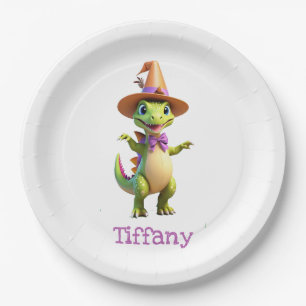 Cute green magician dinosaur paper plate