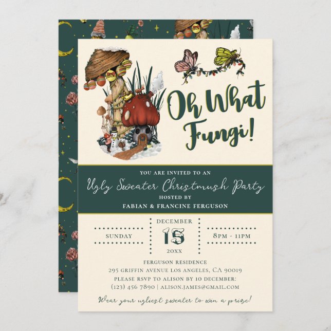 Cute Green Merry Mushrooom Ugly Sweater Christmas  Invitation (Front/Back)