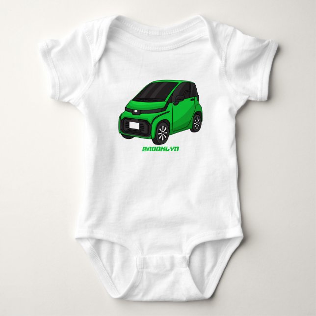 Cute green micro sized car baby bodysuit (Front)