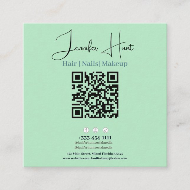 Cute Green Minimalist QR code Business Card (Front)