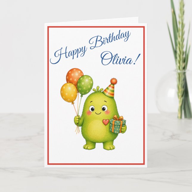 Cute Green Monster Birthday Card (Front)