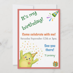 Cute Green Monster Kids Birthday Party Invitation