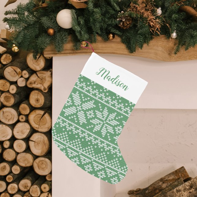 Cute Green Nordic Snowflake Sweater Pattern Small Christmas Stocking (Creator Uploaded)