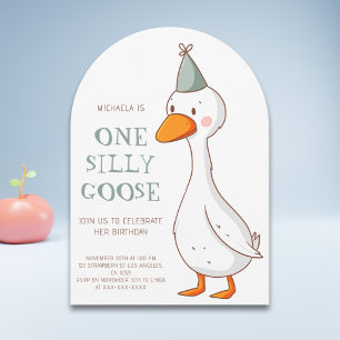 Cute Green One Silly Goose 1st Birthday Arch Invitation