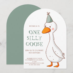 Cute Green One Silly Goose 1st Birthday Arch Invitation