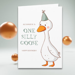 Cute Green One Silly Goose First Birthday Card