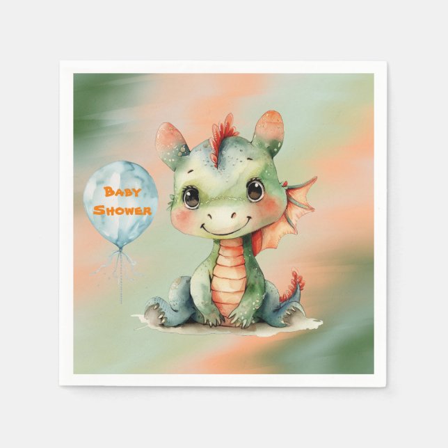 Cute Green Orange Dragon Boy Baby Shower Napkin (Front)