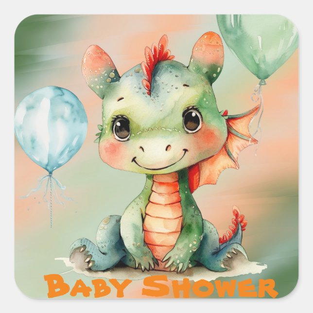 Cute Green Orange Dragon Boy Baby Shower Square Sticker (Front)