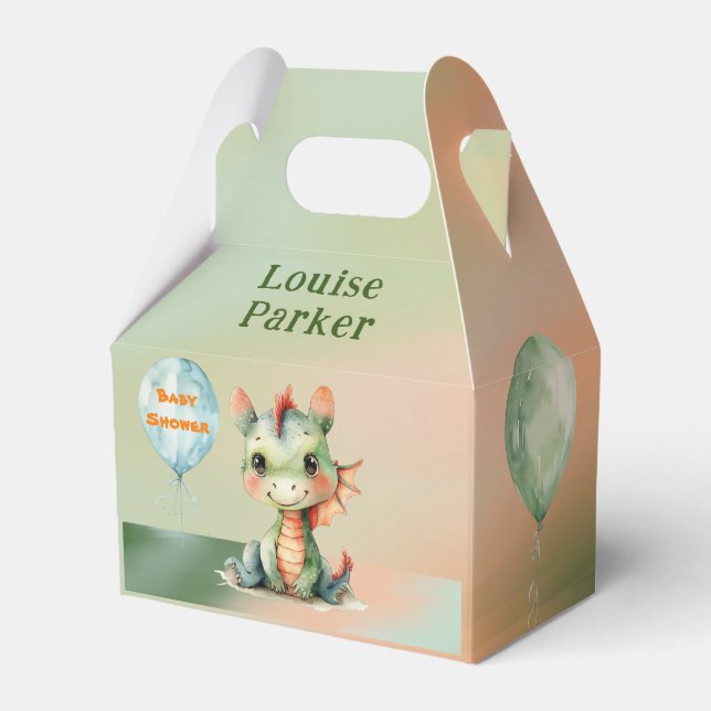 Cute Green Orange Dragon Boy Baby Shower Thank You Favour Box (Front Side)