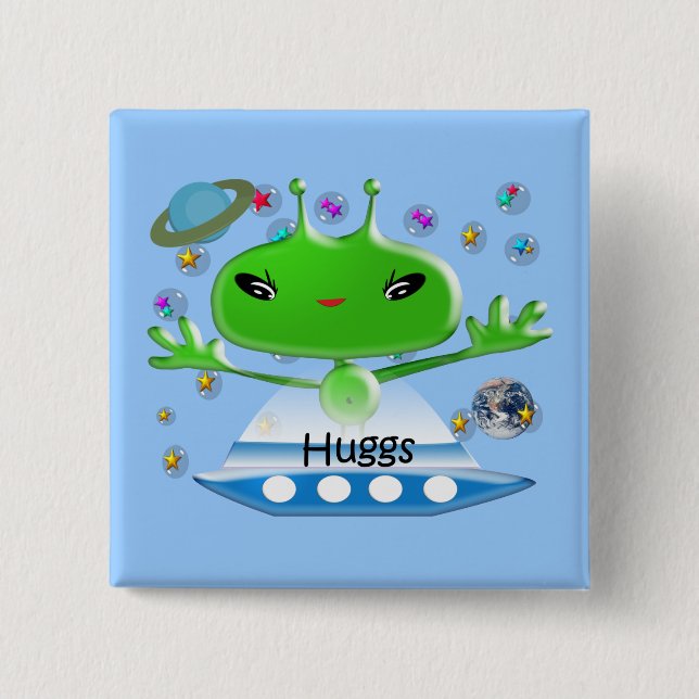 Cute Green Outer Space Aliens with Space Ship 15 Cm Square Badge (Front)