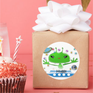 Cute Green Outer Space Aliens with Space Ship Classic Round Sticker