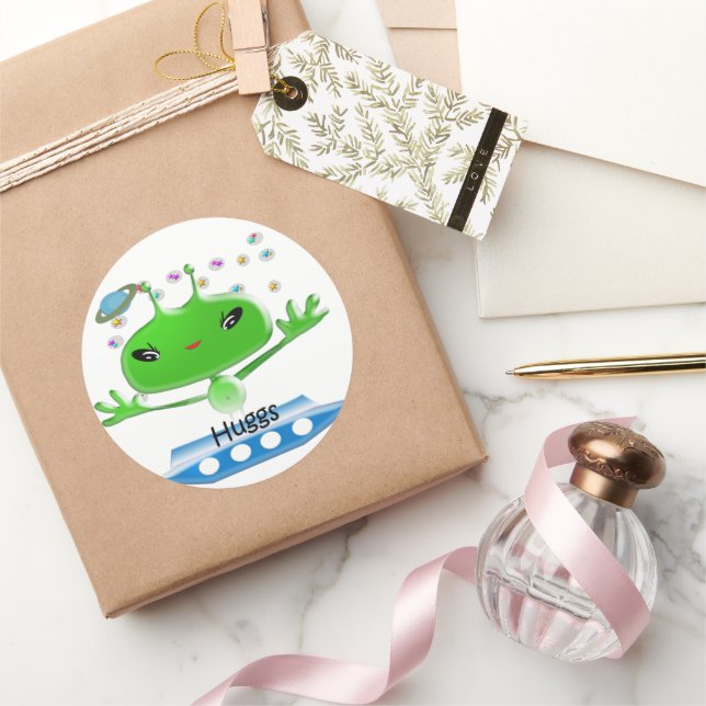 Cute Green Outer Space Aliens with Space Ship Classic Round Sticker (Gifting)