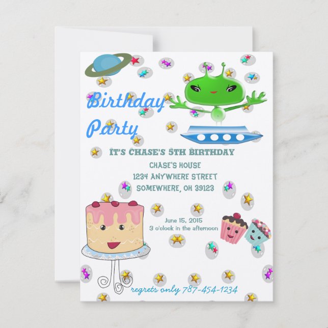 Cute Green Outer Space Aliens with Space Ship Invitation (Front)