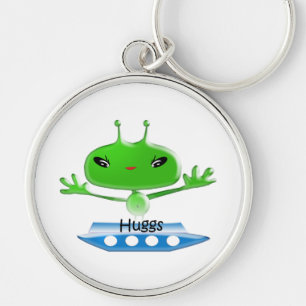 Cute Green Outer Space Aliens with Space Ship Key Ring