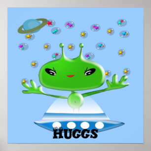 Cute Green Outer Space Aliens with Space Ship Poster