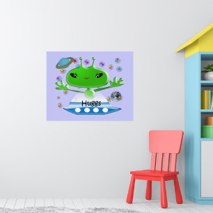 Cute Green Outer Space Aliens with Space Ship Poster
