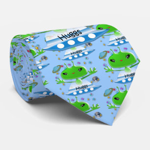 Cute Green Outer Space Aliens with Space Ship Tie