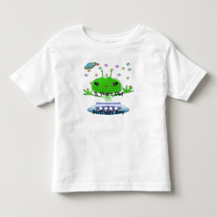 Cute Green Outer Space Aliens with Space Ship Toddler T-Shirt