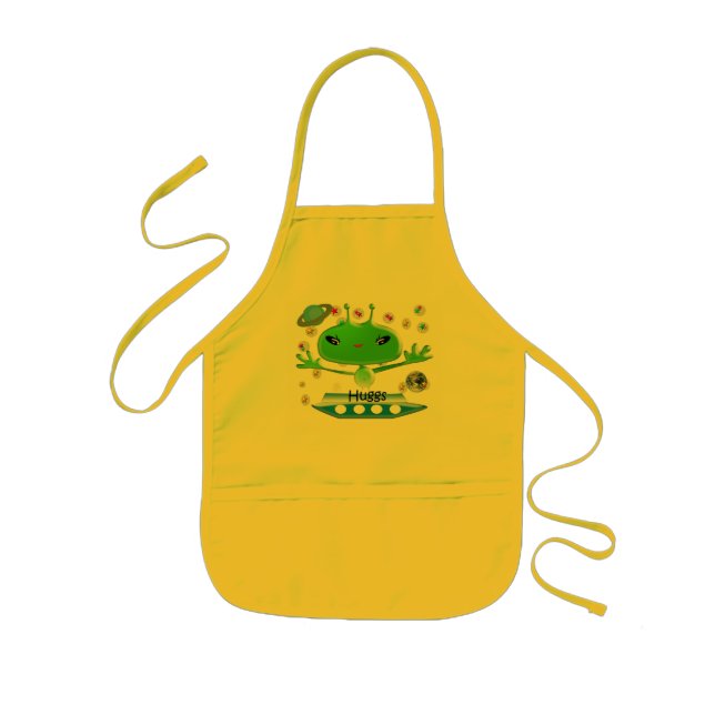 Cute Green Outer Space Aliens with Spaceship Kids Apron (Front)