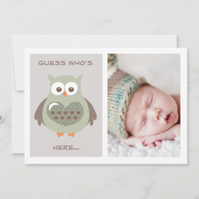 CUTE GREEN OWL BABY ANNOUNCEMENT PHOTO CARD (Front)
