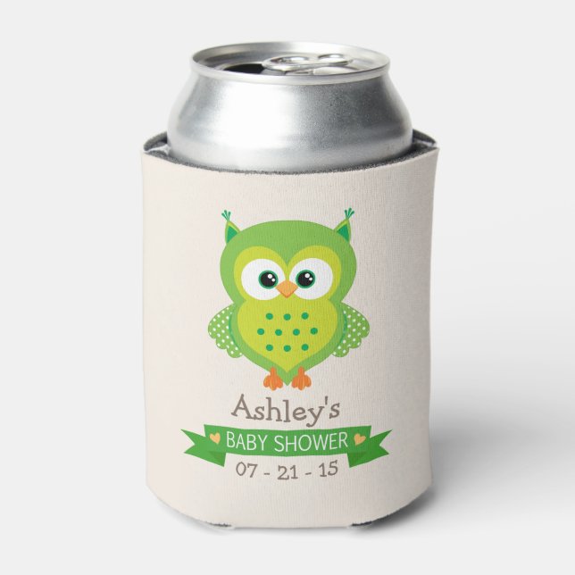 Cute Green Owl Baby Shower Can Cooler (Can Front)