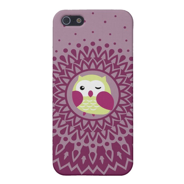 Cute Green Owl in Purple Starburst pattern iPhone Case (Back)
