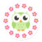 Cute green owl inside pink flower border