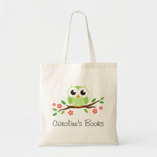 Cute green owl on branch personalised library book tote bag (Front)
