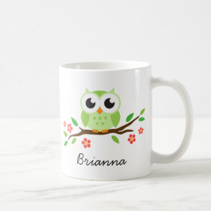 Cute green owl on floral branch personalised name coffee mug