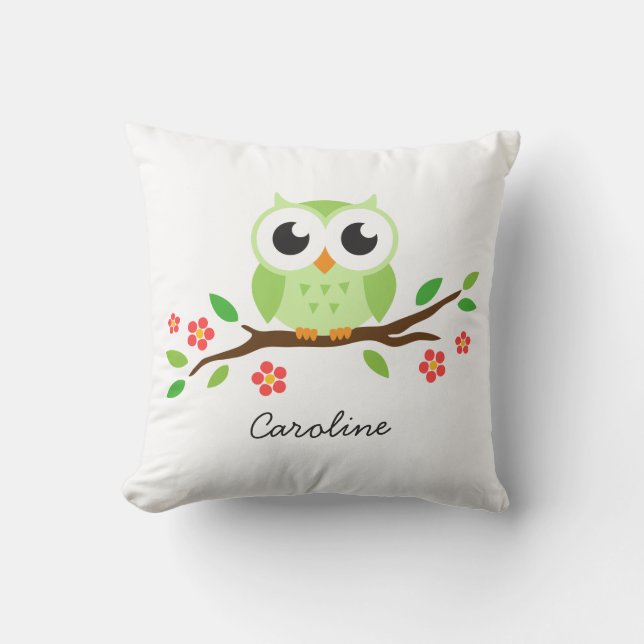 Cute green owl on floral branch personalised name cushion (Front)