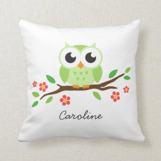 Cute green owl on floral branch personalised name cushion