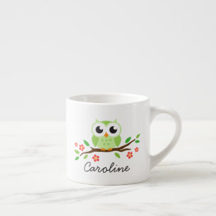 Cute green owl on floral branch personalised name espresso cup