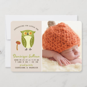 Cute Green Owl Photo Birth Announcement